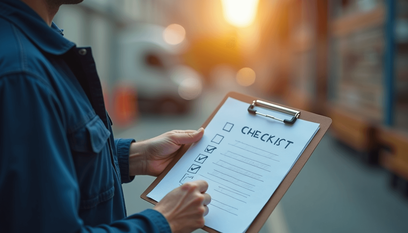 Close-up of safety helmet and clipboard with checklist