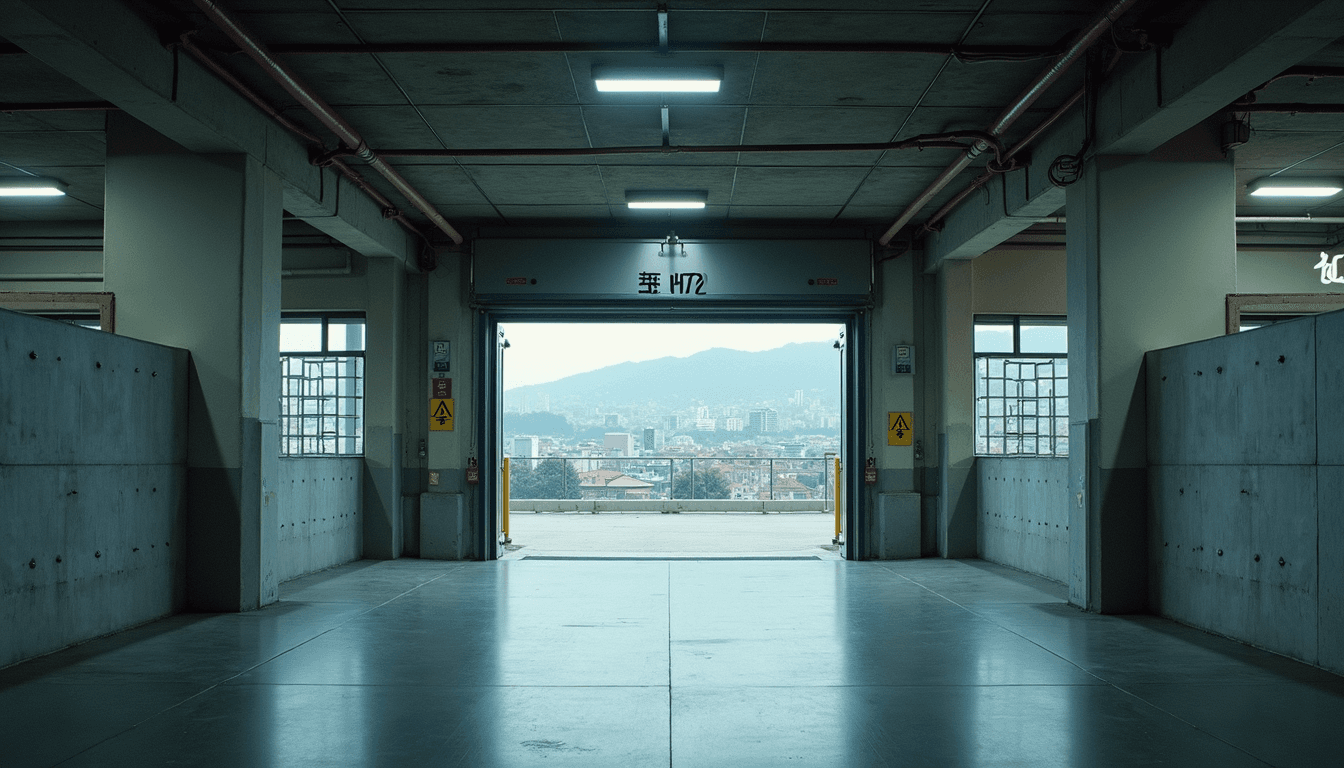 Eye-level view of a multi-level parking lift in an industrial facility