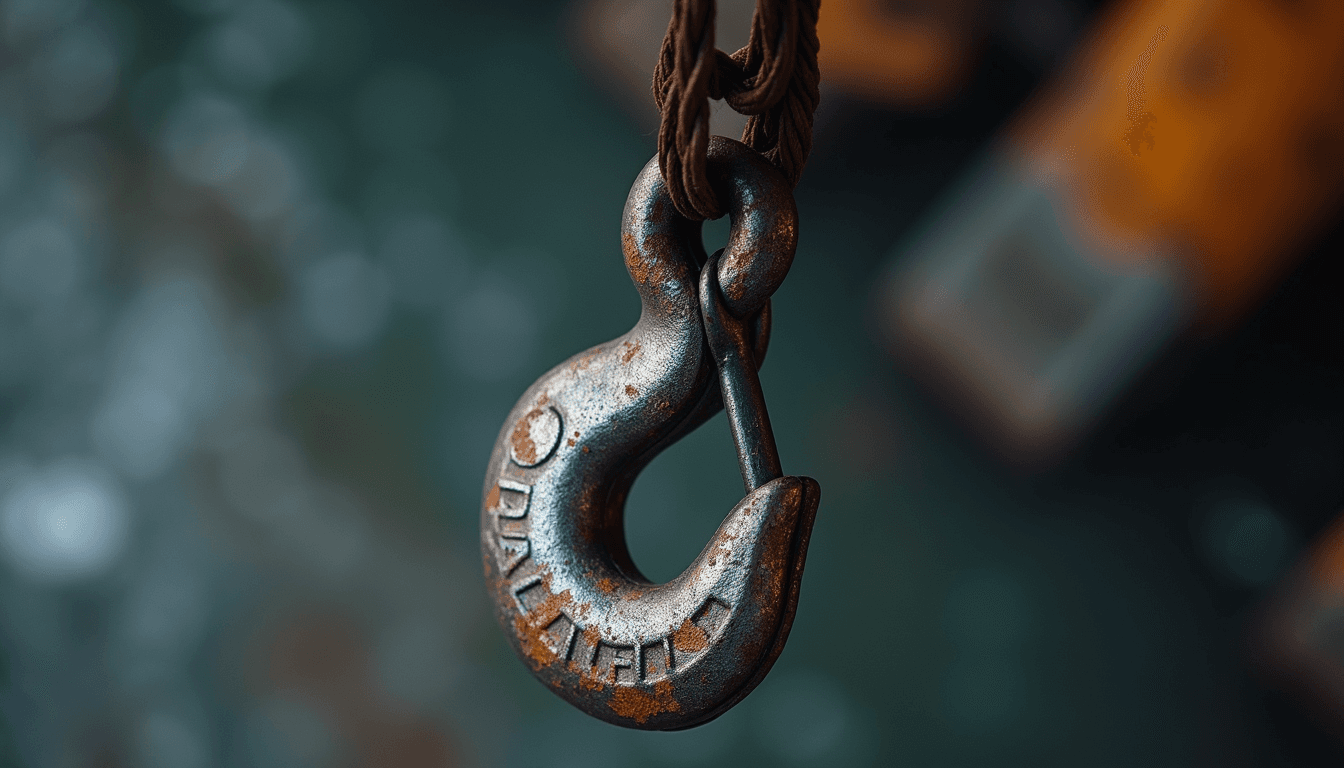 Close-up view of a steel lifting hook showing surface wear