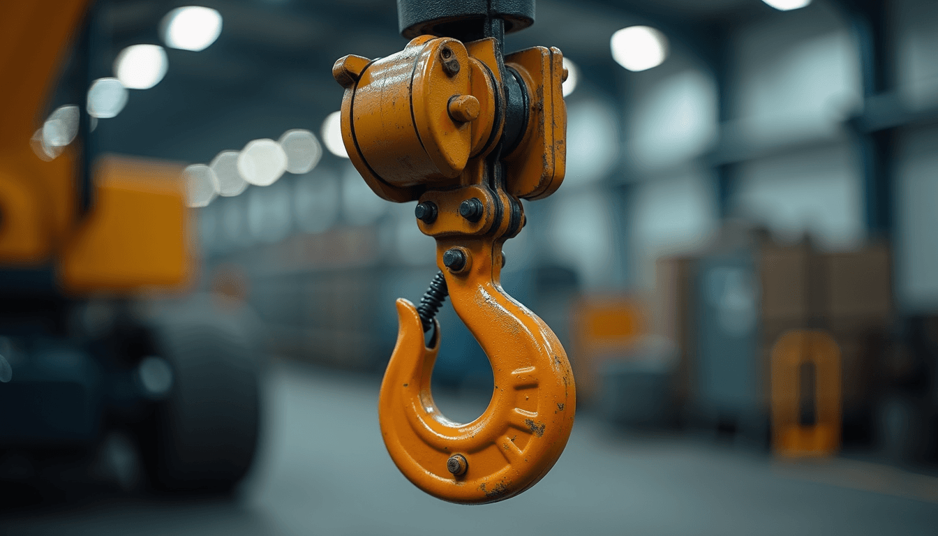 Close-up view of industrial lifting equipment hook