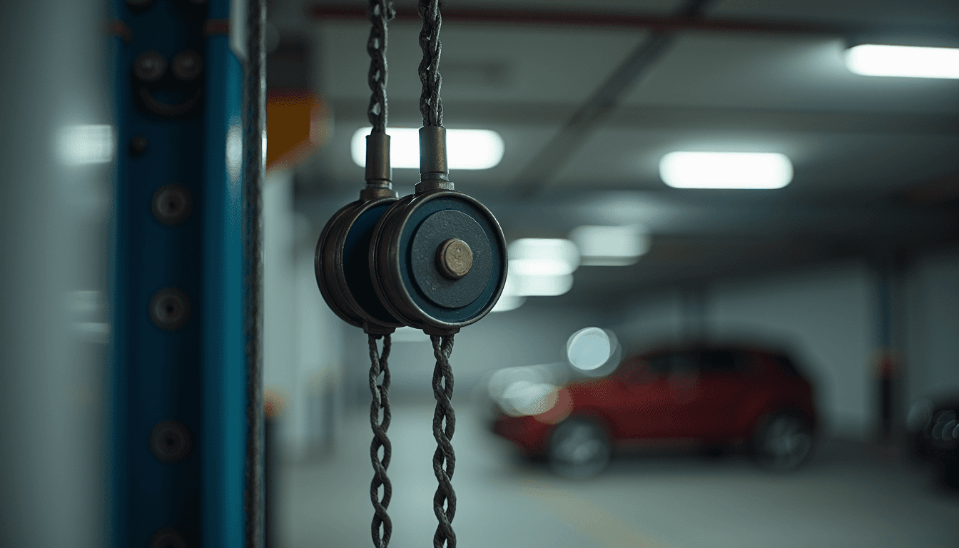 Close-up view of a parking lift mechanism showing cables and pulleys