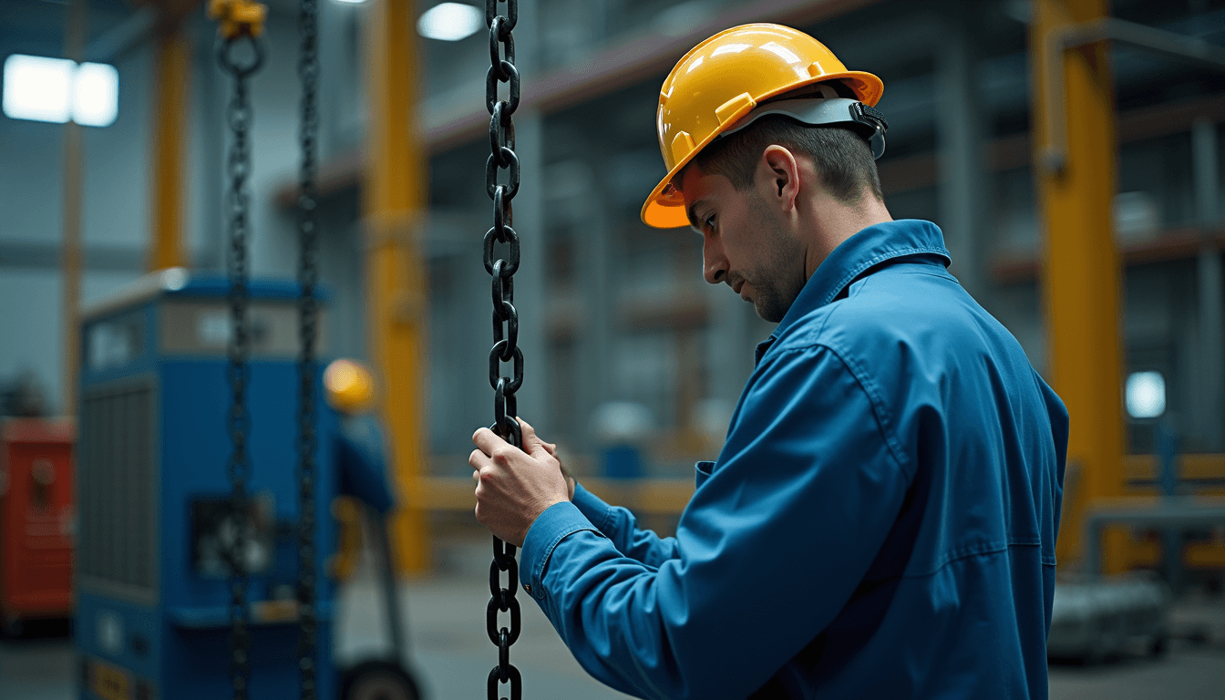 Eye-level view of a technician inspecting lifting chains in an industrial setting